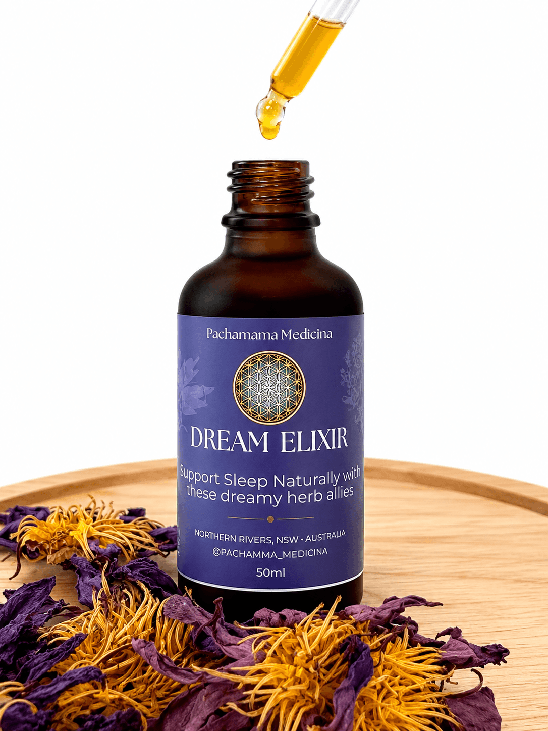 Blue lotus and passionflower herbal sleep elixir for nervous system support, by Pachamama Medicina, Northern Rivers NSW