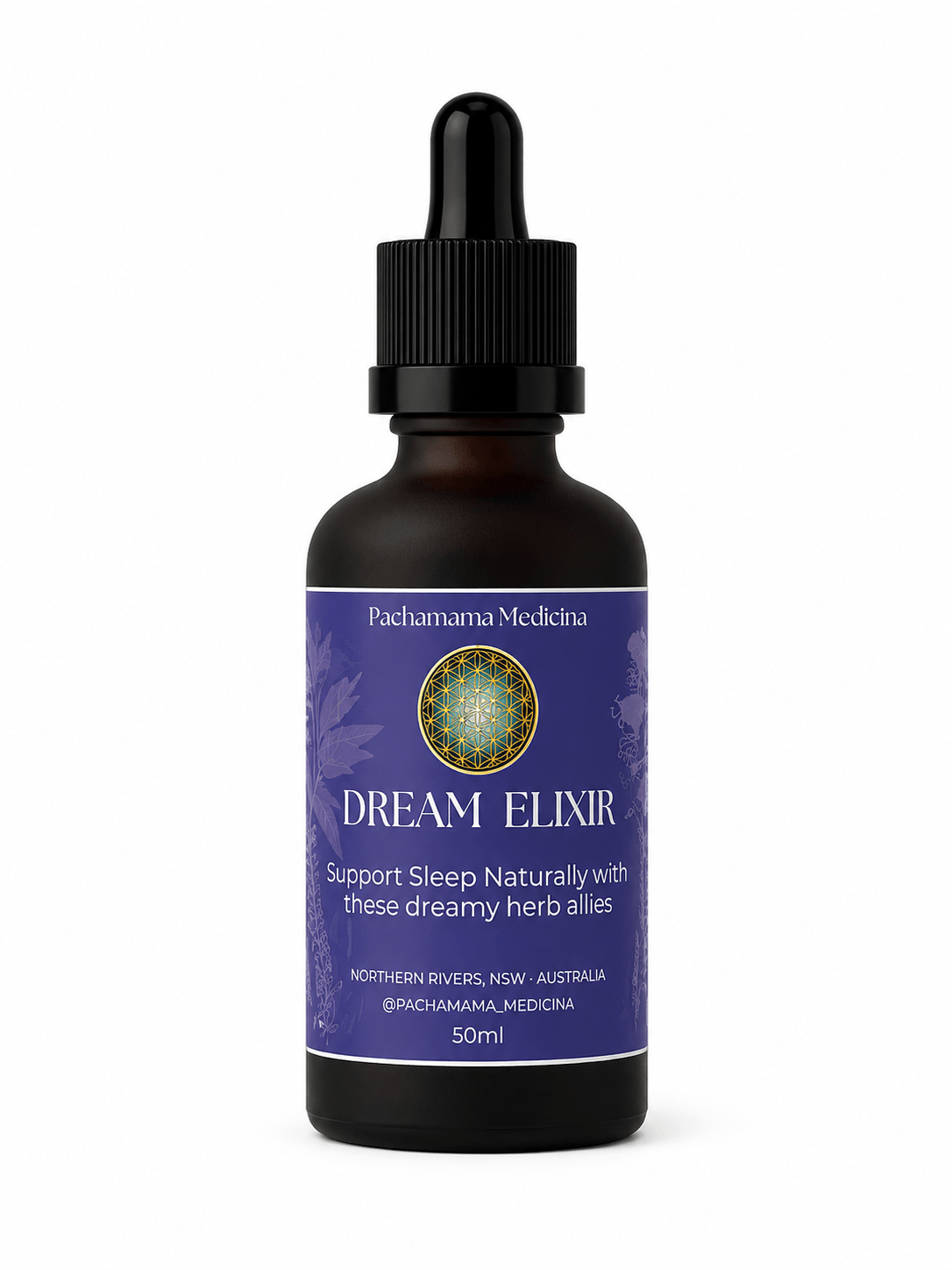 Natural liquid sleep tonic with blue lotus and passionflower by Pachamama Medicina, handcrafted Northern Rivers NSW Australia