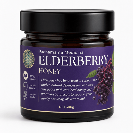 Pachamama Medicina Elderberry Honey jar, natural immune support made in Northern Rivers NSW Australia