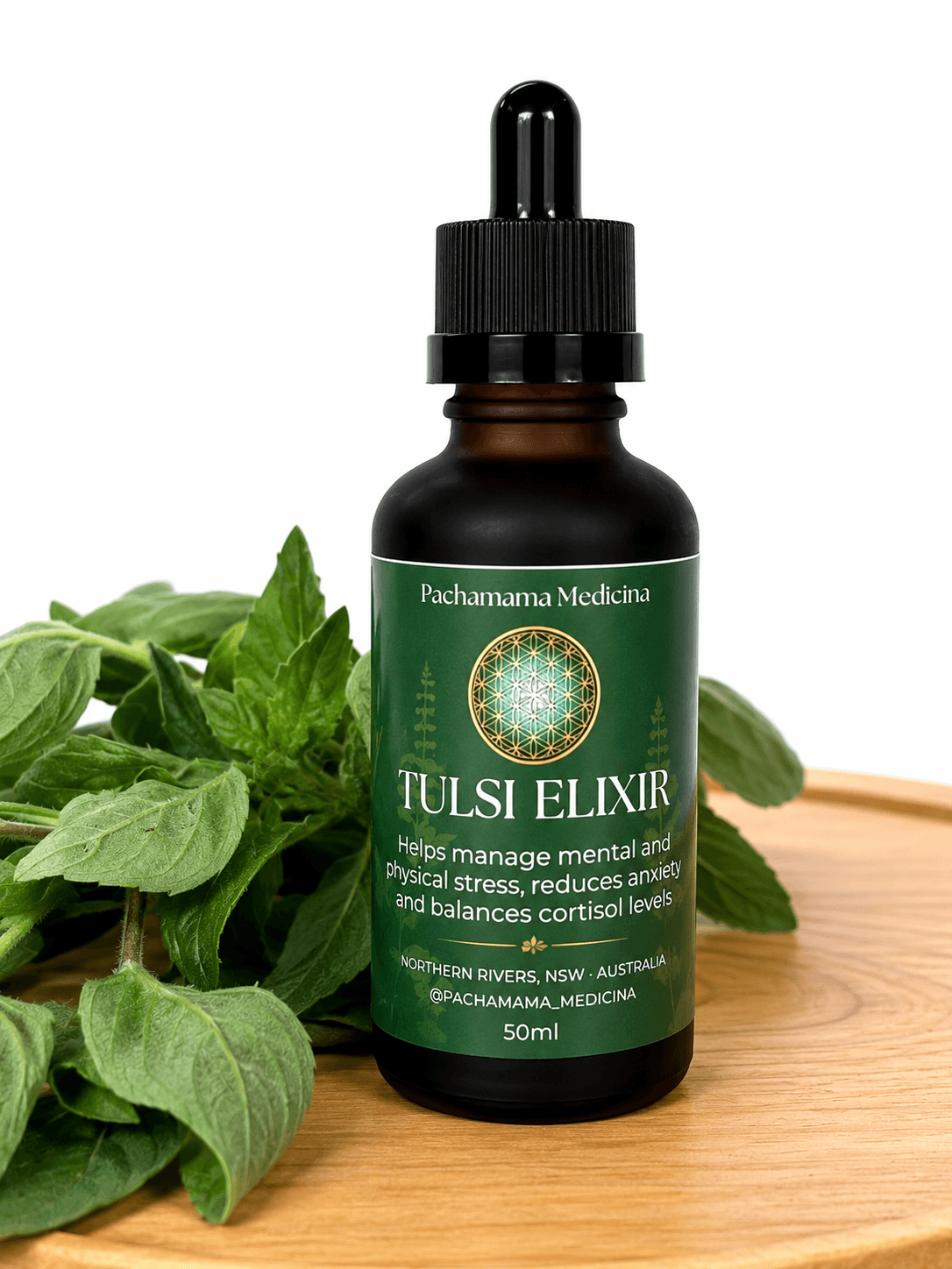 Tulsi adaptogen liquid elixir for calm and focus by Pachamama Medicina, handcrafted herbal medicine Northern Rivers
