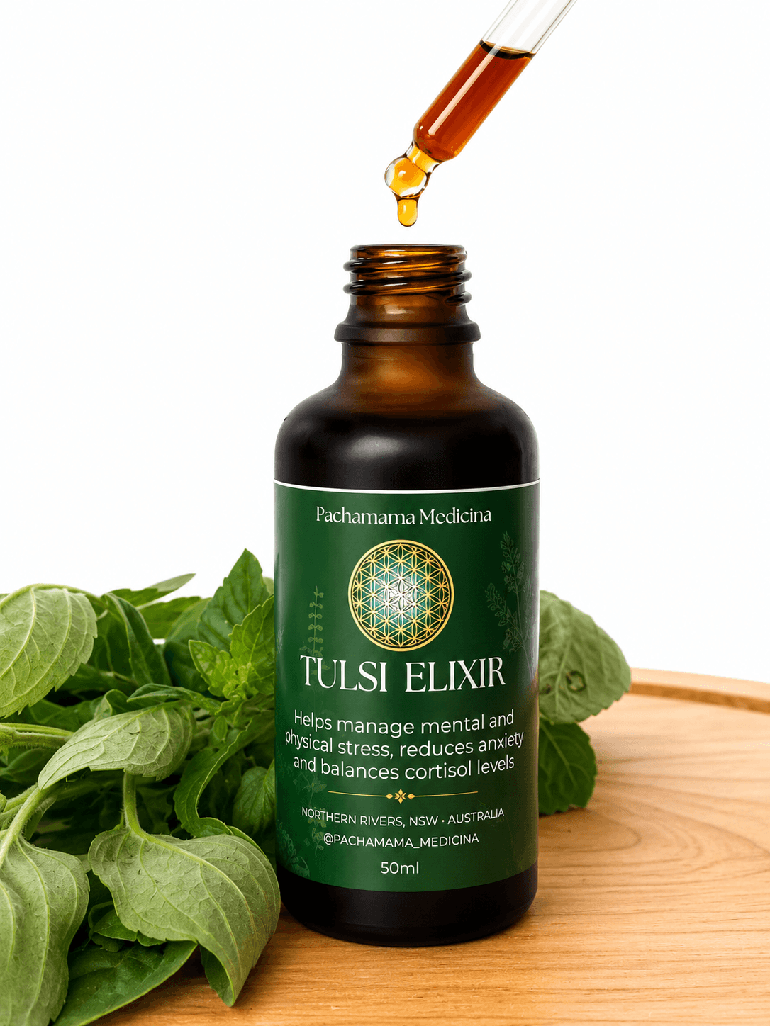 Tulsi Elixir by Pachamama Medicina, adaptogenic herbal tonic for stress and mental clarity, handcrafted in Northern Rivers NSW